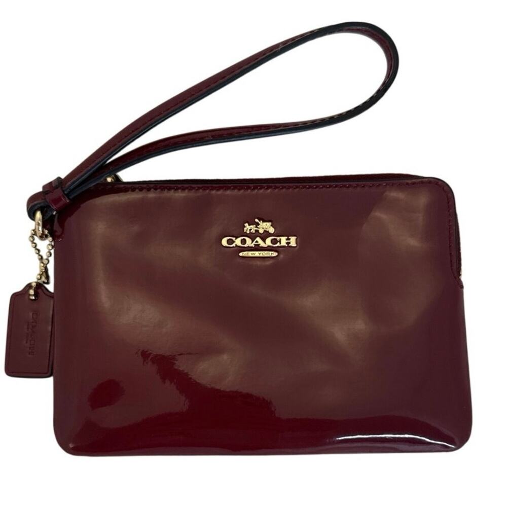 Coach Madison Patent Leather Double Zip Wristlet Wallet Burgundy Oxblood
